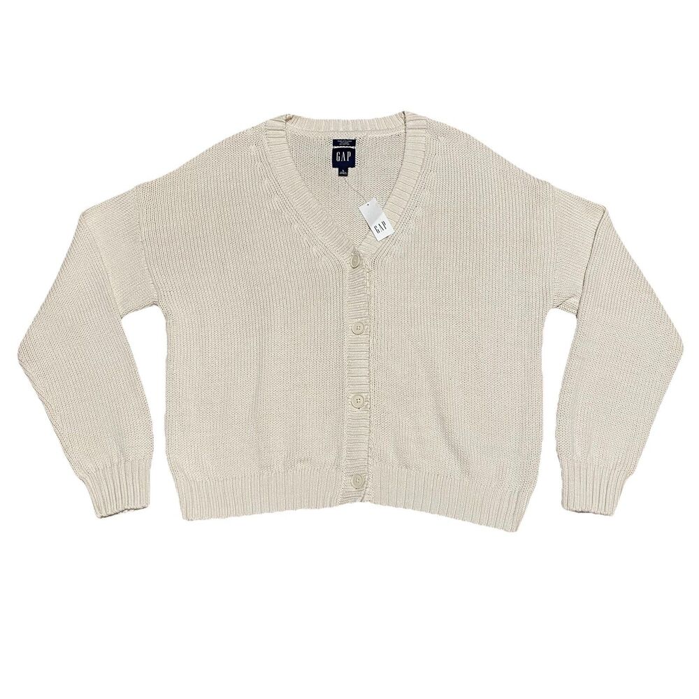 Gap Cardigan Sweater Womens L Cream Knit Cotton Linen Blend Cottagecore Coastal